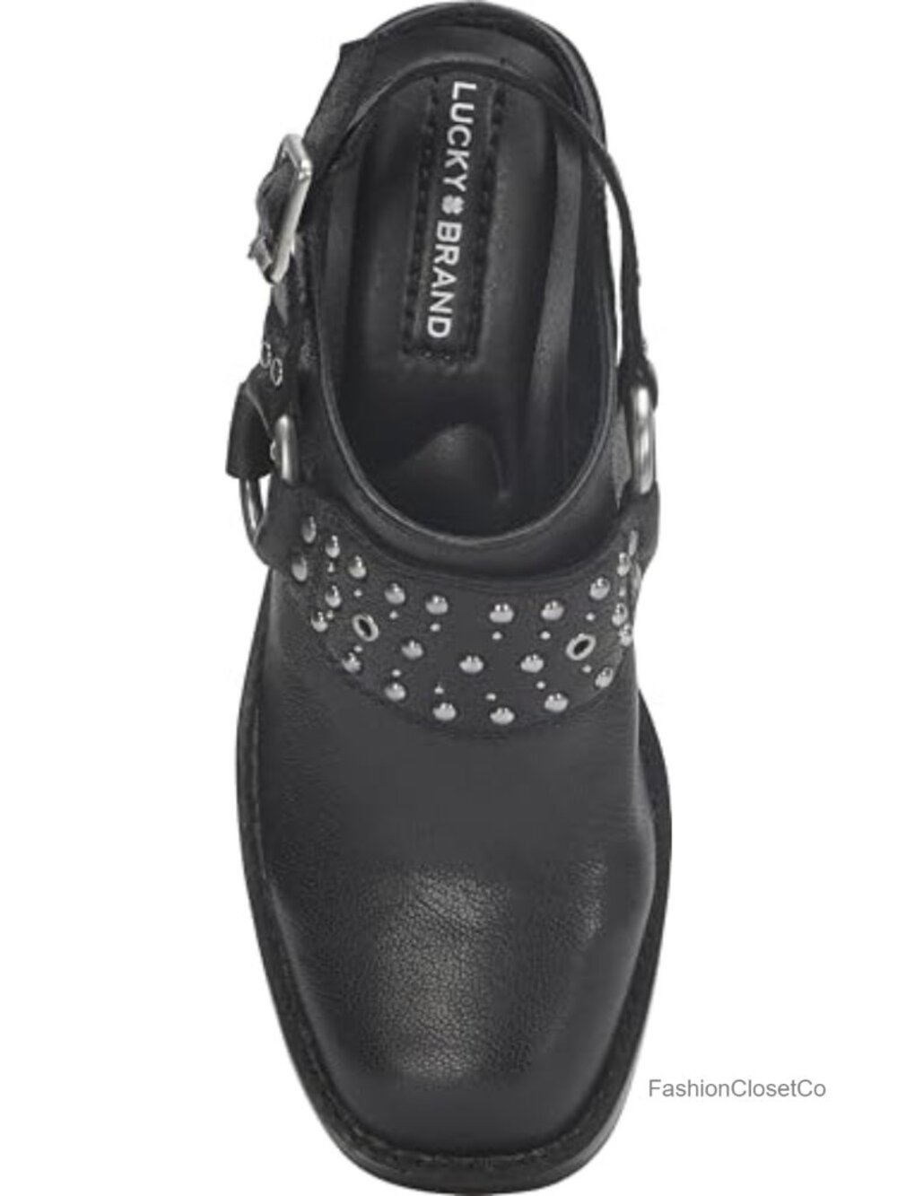 Square Toe Mule with Harness and Studding, Leather Upper, Stacked Block Heel - Picture 4 of 6